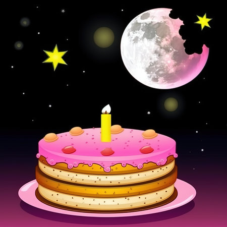 Illustration of a birthday cake with a candle on a dark backgroundの写真素材