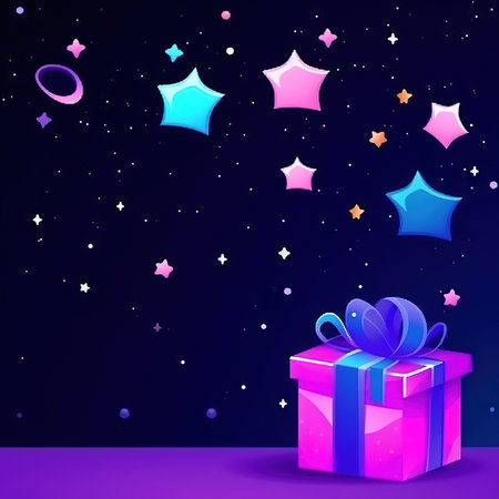 Gift box with stars on a dark background. Vector illustration.