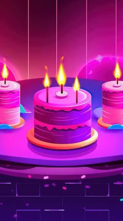 Birthday cake with candles on a purple background. Vector illustration.