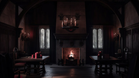 Church interior with candles in the dark. 3d render illustration.の写真素材