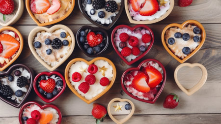 Strawberry, blueberry, strawberry and oatmeal in heart-shaped bowls.の写真素材