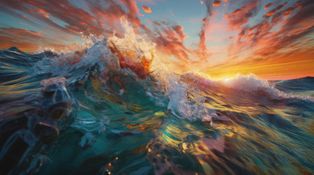 Beautiful seascape with breaking wave at sunset. 3d renderingの写真素材
