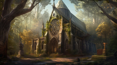 Digital painting of a gothic church in a misty forestの写真素材