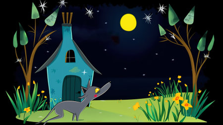 Illustration of a fairy tale house at night with a little foxの写真素材