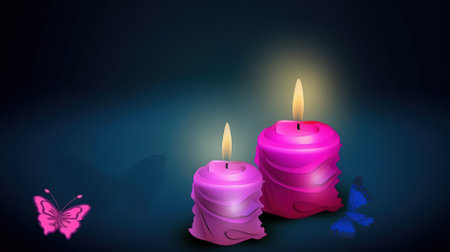 Illustration of burning candles with butterfly on dark background - vector eps10の写真素材