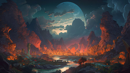 Fantasy landscape with mountains, river and clouds. 3d illustrationの写真素材