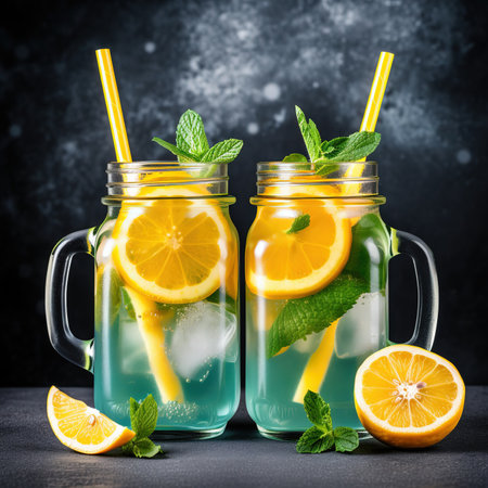 Refreshing lemonade with orange and mint in mason jars on dark backgroundの素材