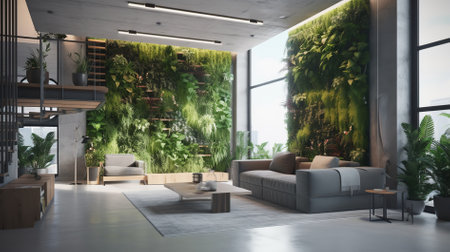 Interior of modern living room with green plants. 3d renderingの素材