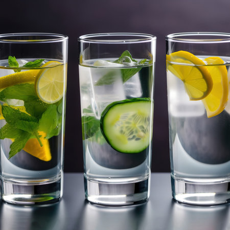 Glasses of lemonade with lemon, cucumber and mint on a dark backgroundの素材