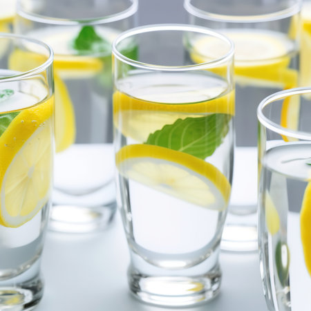 Glasses of water with lemon and mint on grey background, closeupの素材