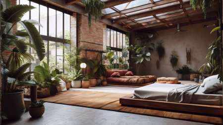 Interior of modern loft style bedroom. 3d rendering mock upの素材