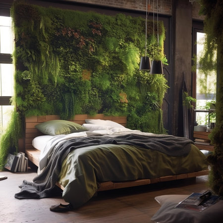 Interior of a modern bedroom with green plants on the walls.の素材