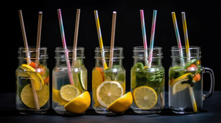 Detox water with lemon, lime, orange and mint in mason jarsの素材