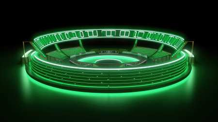 3D render of a round stage illuminated with green lights in a football stadiumの素材