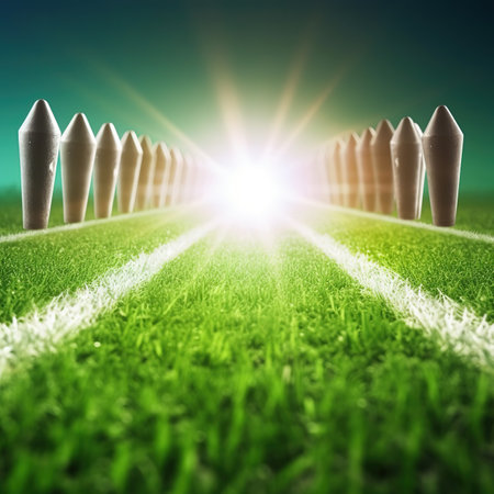 Green grass field with white fence and sun flare. 3D renderingの素材