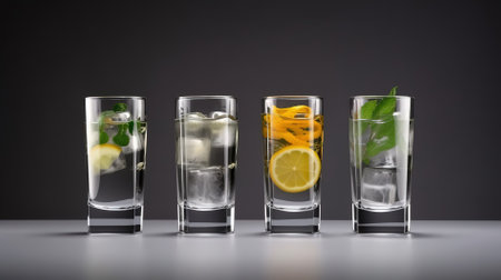 Three glasses of water with lemon and mint on a dark background.の素材