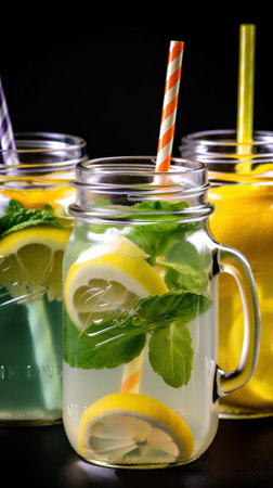 Detox water with lemon, mint and ice in mason jarsの素材