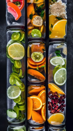Different types of citrus infused water on a dark background, top viewの素材