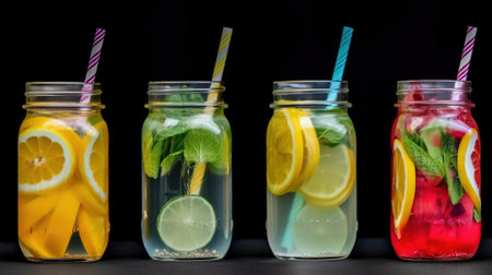 Detox water with lemon, lime, orange and mint in jars on a black backgroundの素材