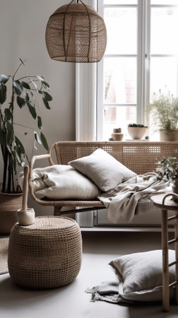 Cozy living room with rattan armchair, rattan table and potted plantsの素材