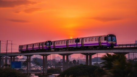 Train on the bridge with beautiful sky at sunset in Bangkok, Thailandの素材