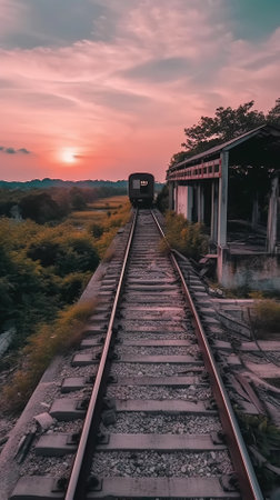 Train on the railway in the fog at night. 3d renderingの素材