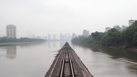 Railway tracks on the river in the foggy morning, Bangkok, Thailandの素材