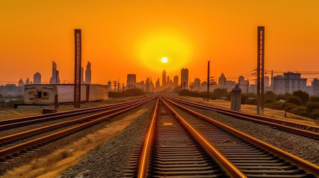 Railway tracks and city skyline at sunset in Dubai, United Arab Emiratesの素材