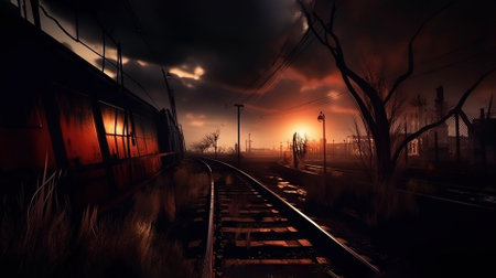 Abandoned train station at sunset, 3d rendering. Computer digital drawing.の素材