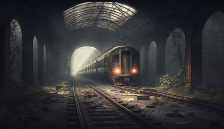 Abandoned train station in a foggy forest. 3d renderingの素材