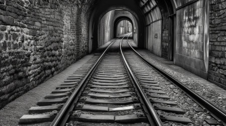 Railway tracks in a tunnel. Black and white image of a railway track.の素材
