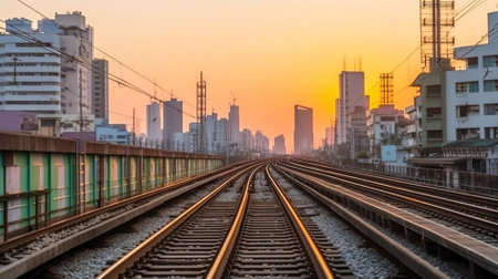 Railway tracks leading to the city at sunset, Bangkok, Thailandの素材