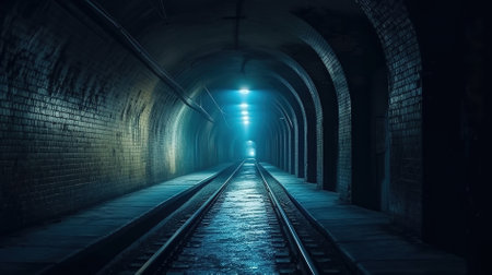 Railway tunnel with dark blue light at night. 3d renderingの素材