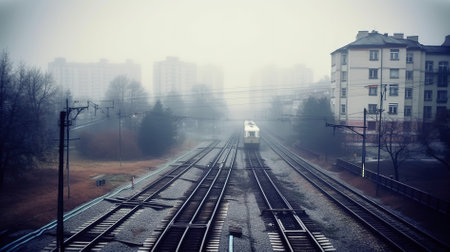 Railway station in the foggy morning. Filtered image processed vintage effect.の素材
