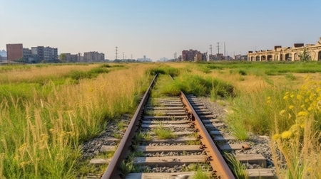 Railway in the middle of the meadow and the city in the backgroundの素材