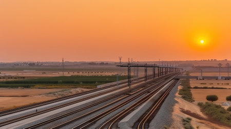 Railway tracks at sunset in the city of Abu Dhabi, United Arab Emiratesの素材