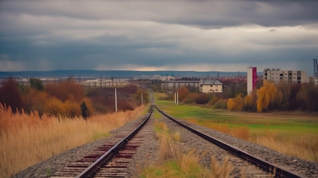 Railway tracks in the countryside. Beautiful autumn landscape with cloudy sky.の素材