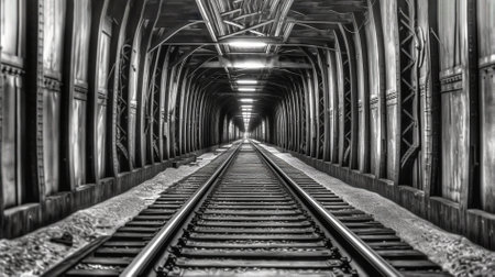 Railway tracks in a train station in black and white, monochromeの素材