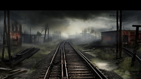 Railway in a foggy morning. Conceptual image. 3D renderingの素材