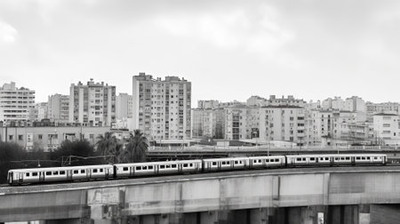 High-speed train in the city. Black and white photo.の素材