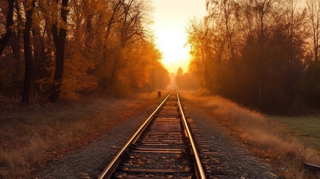 Railway tracks in the autumn forest at sunset. Beautiful landscape.の素材