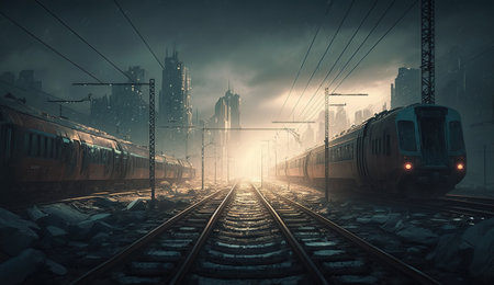 Train in the fog at the railway station. 3D rendering.の素材