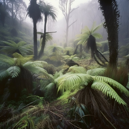 Foggy forest in New Zealand, with trees and fernsの素材