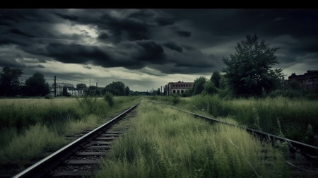 Railroad in the countryside with stormy sky and green grass.の素材