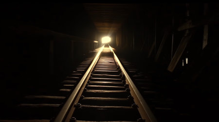 Railway tracks in a tunnel with light at the end of the tunnelの素材