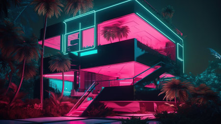 3d rendering of modern house in neon light with palm tree.の素材
