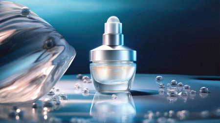 Perfume bottle on blue background. 3d render illustration.の素材