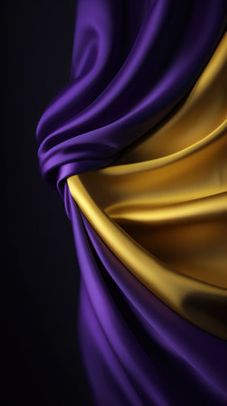 Closeup of folds of purple and golden satin cloth. Luxury background. 3d renderingの素材