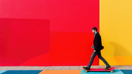 young man riding skateboard on colorful wall, concept of active lifestyleの素材