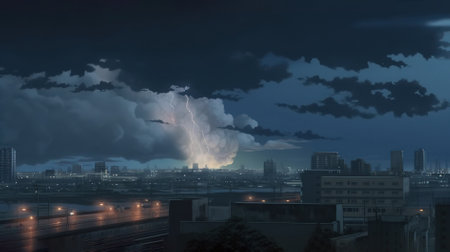 Thunderstorm over the city at night, 3d rendering. Computer digital drawing.の素材